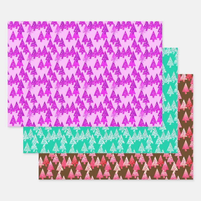 Modern Flower Christmas Trees, Violet, Aqua, Brown Wrapping Paper Sheet (Set)