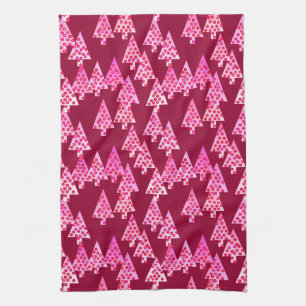 Modern flower Christmas trees - wine & pink Kitchen Towel