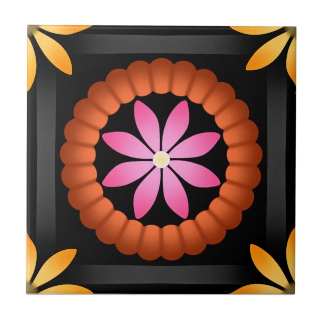 Modern Flower design on black background  Tile (Front)