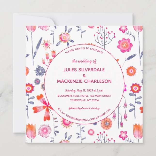 Modern Flower Garden Boho Pink Wedding Invitation (Front)