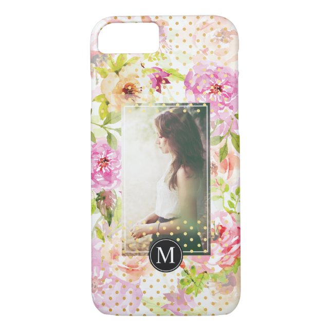 Modern Flower Pattern Personalized Photo Monogram Case-Mate iPhone Case (Back)