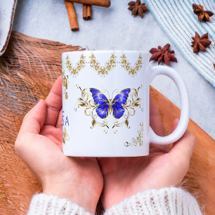 Modern flowers blue & gold butterflies monogrammed Two-Tone coffee mug