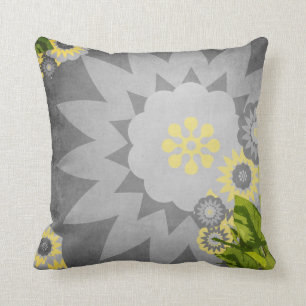 Modern Flowers in Grey and Yellow Throw Pillow