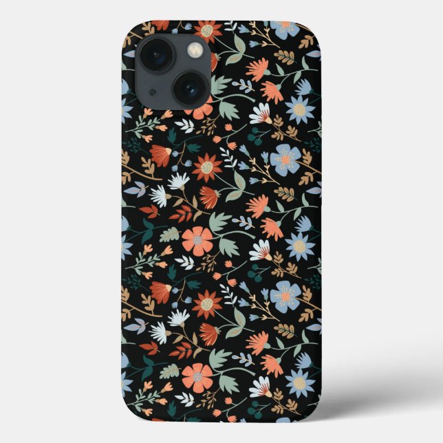Modern Flowers Leaves Black Orange Blue Girly Case-Mate iPhone Case (Back)