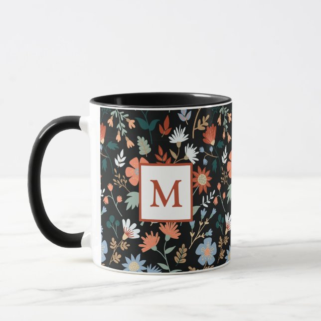 Modern Flowers Leaves Black Orange Blue Monogram Mug (Left)