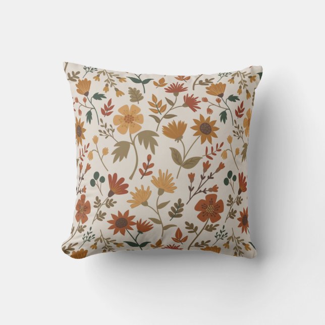 Modern Flowers Leaves Gold Rust Girly Pattern Throw Pillow (Front)