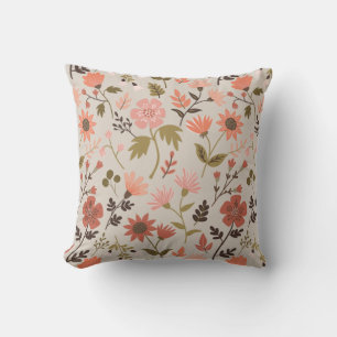 Modern Flowers Leaves Pink Green Pattern Throw Pillow