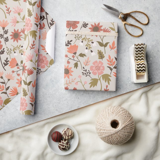Modern Flowers Leaves Pink Rust Girly Floral Wrapping Paper (Crafts)