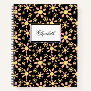 Modern Flowers on Black Name Floral Notebook