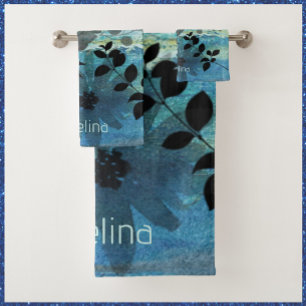 Modern Flowers On Dreamy Blue Background Bath Towel Set