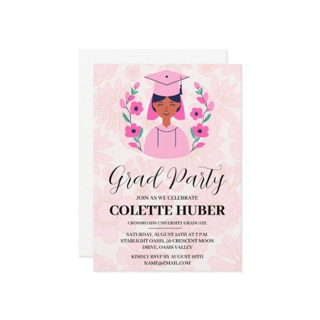 modern flowers pink graduation invitations (Front/Back In Situ)