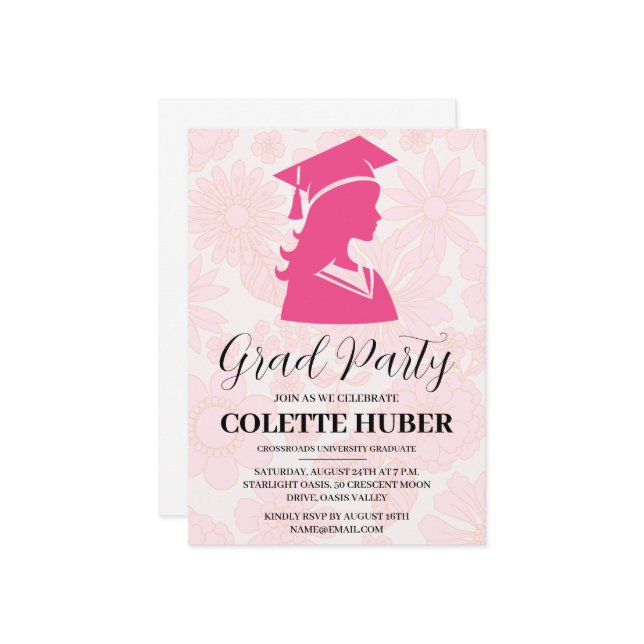 modern flowers pink graduation invitations (Front/Back In Situ)