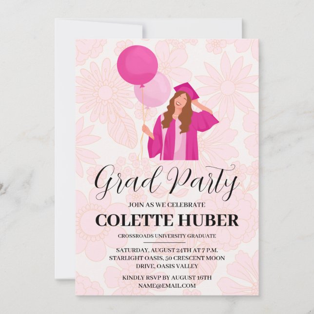 modern flowers pink graduation invitations (Front)