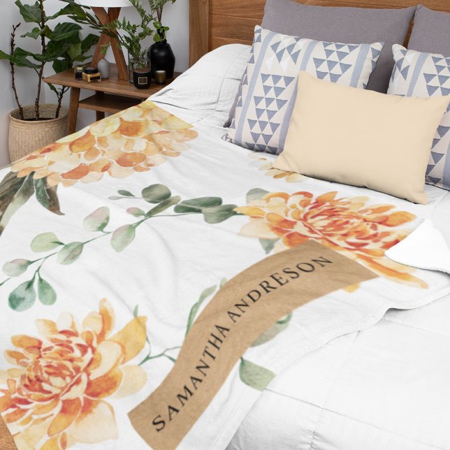 Modern Flowers Yellow & Kraft Personalized Gift Fleece Blanket (Creator Uploaded)