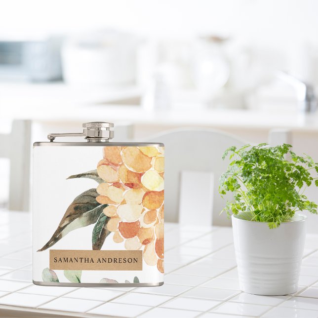Modern Flowers Yellow & Kraft Personalized Gift Hip Flask (Creator Uploaded)