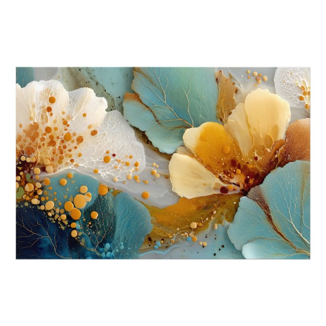 Modern Fluid Abstract Teal Gold Bubbles & Veins Photo Print (Front)