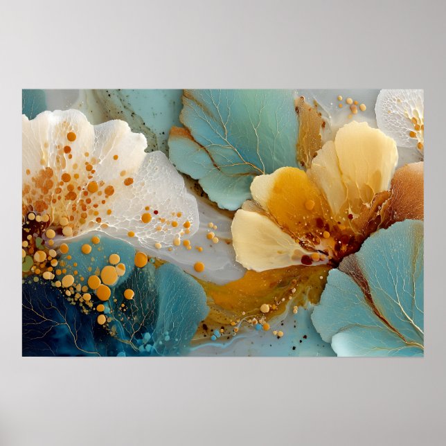 Modern Fluid Abstract Teal Gold Bubbles & Veins Poster (Front)