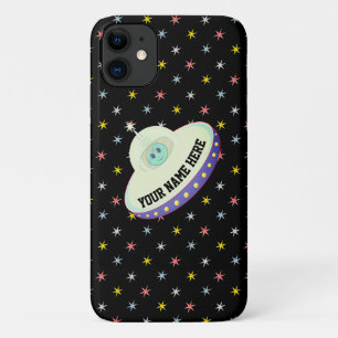 Modern flying saucer & multicolored stars on black iPhone 11 case