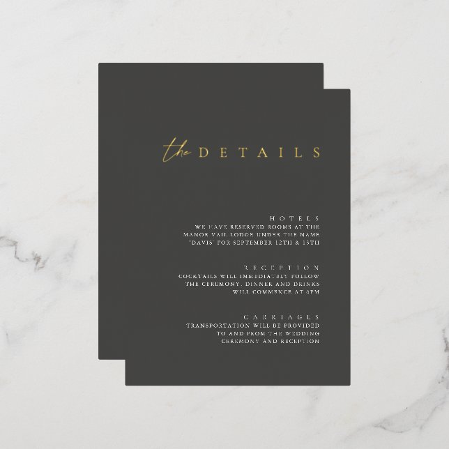 Modern Foil Black Wedding Details Enclosure Card (Front/Back)