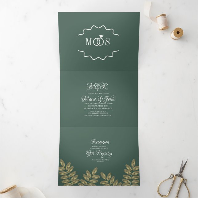 Modern Foil Greenery Ring Wedding Logo Tri-Fold Invitation (Inside)