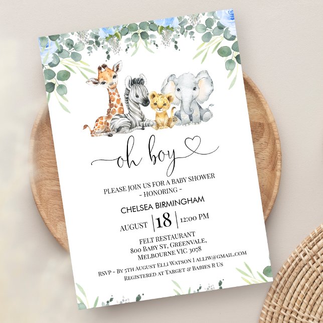 Modern Foliage Blue Floral Safari Baby Shower  Invitation (Blue Floral Boys Safari Baby Shower Invitation, Oh Boy Heart, Editable Boy Safari Baby Shower Invite)