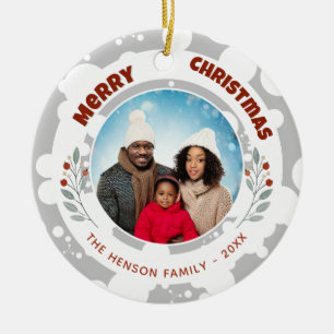Modern Foliage Christmas Family Photo Ceramic Ornament