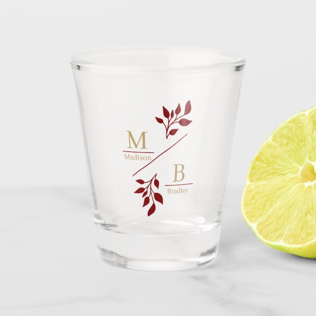 Modern Foliage Couple Monogram Wedding Favour Shot Glass (Front)