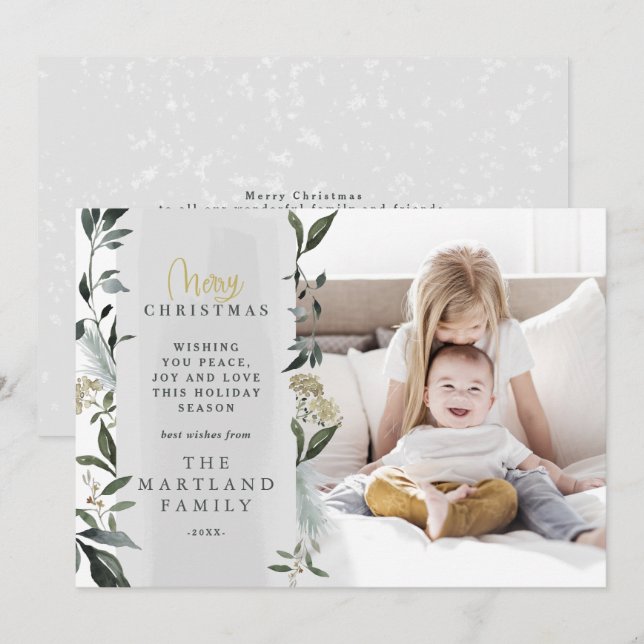 Modern foliage eucalyptus script multi photo holiday card (Front/Back)