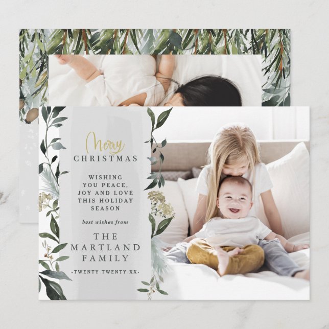 Modern foliage eucalyptus script multi photo holiday card (Front/Back)