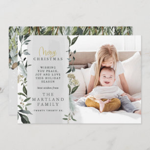 Modern foliage eucalyptus script multi photo holiday card