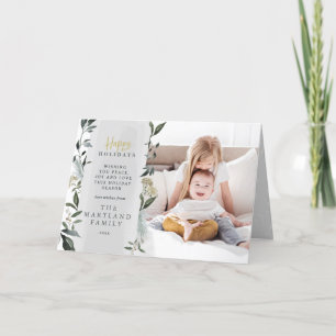Modern foliage eucalyptus script photo Christmas Holiday Card