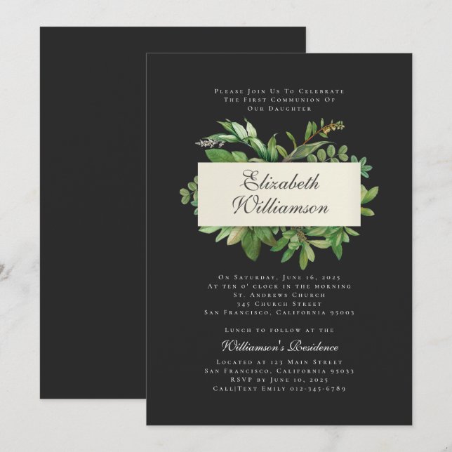 Modern Foliage First Communion Invitation (Front/Back)