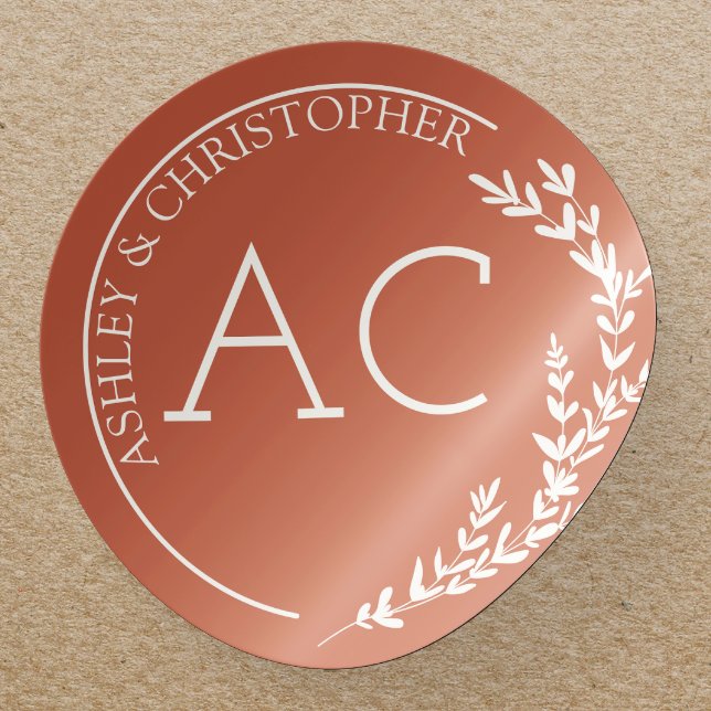 Modern Foliage Frame Copper Red Wedding Classic Round Sticker (Creator Uploaded)