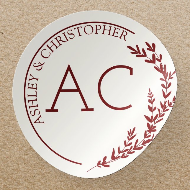 Modern Foliage Frame Crimson Red Wedding Classic Round Sticker (Creator Uploaded)