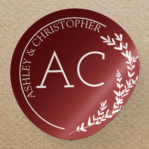 Modern Foliage Frame Crimson Red Wedding Classic Round Sticker