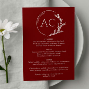 Modern Foliage Frame Crimson Red Wedding Reception Menu