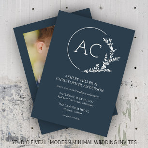 Modern Foliage Frame Indigo Blue Photo Wedding Invitation