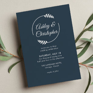 Modern Foliage Frame Indigo Blue Wedding Invitation