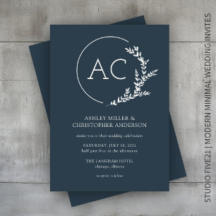 Modern Foliage Frame Indigo Blue Wedding Invitation