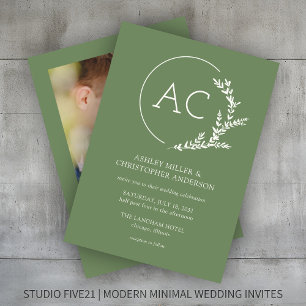 Modern Foliage Frame Muted Green Photo Wedding Invitation