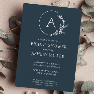 Modern Foliage Frame Navy Blue Bridal Shower Invitation