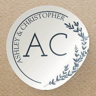 Modern Foliage Frame Navy Blue Wedding Classic Round Sticker
