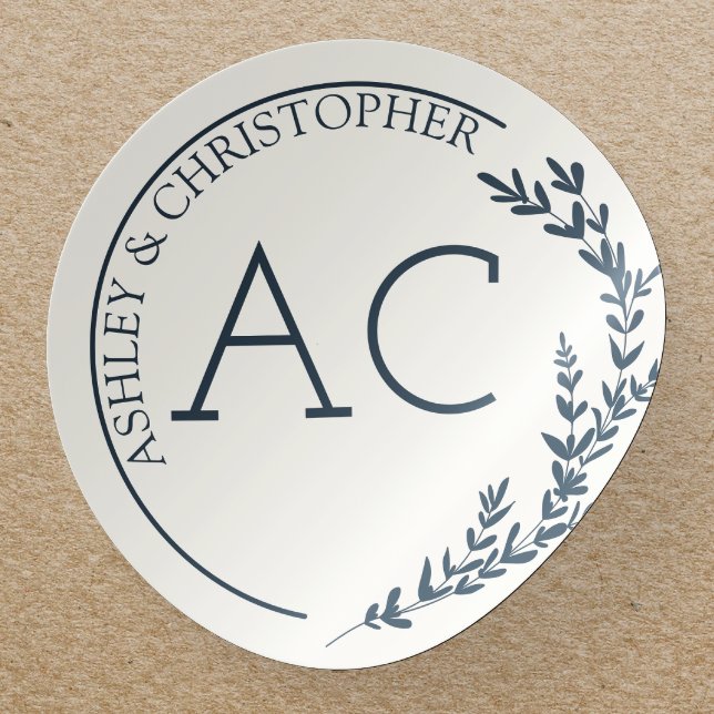 Modern Foliage Frame Navy Blue Wedding Classic Round Sticker (Creator Uploaded)
