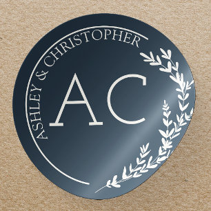 Modern Foliage Frame Navy Blue Wedding Classic Round Sticker