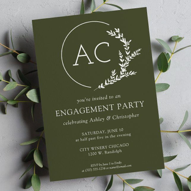 Modern Foliage Frame Olive Green Engagement Party Invitation (Creator Uploaded)