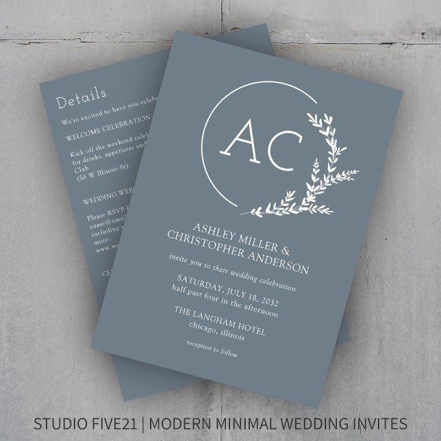 Modern Foliage Frame Slate Grey All-in-One Wedding Invitation (Creator Uploaded)