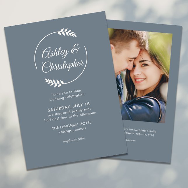 Modern Foliage Frame Slate Grey Photo Wedding Invitation (Creator Uploaded)