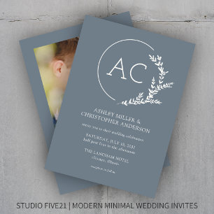 Modern Foliage Frame Slate Grey Photo Wedding Invitation
