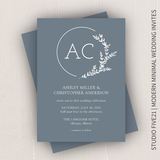 Modern Foliage Frame Slate Grey Wedding Invitation (Creator Uploaded)