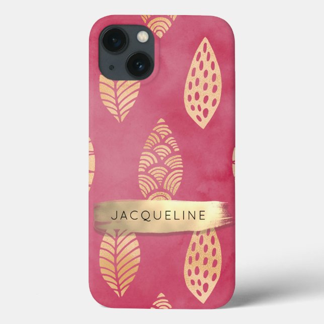 Modern Foliage Pink n Gold Brush Stroke w Name Case-Mate iPhone Case (Back)